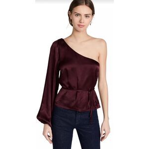 Revolve Minkpink Nador One Shoulder Burgundy Satin Long Sleeve Top XS NWT Tie Be